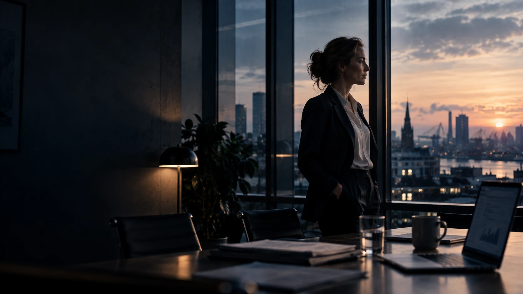 Una mujer está junto a la ventana de la oficina y mira la ciudad al amanecer.