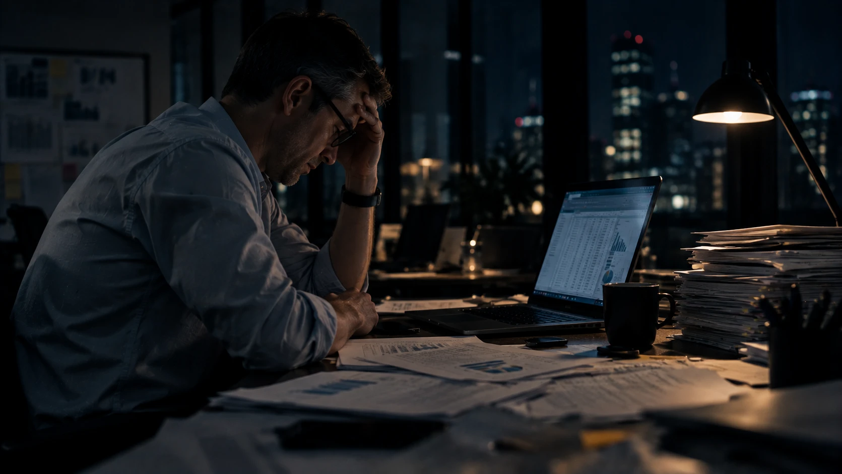 Un hombre está solo en su escritorio a altas horas de la noche, con la cabeza apoyada en la mano, delante un portátil y pilas de papel.